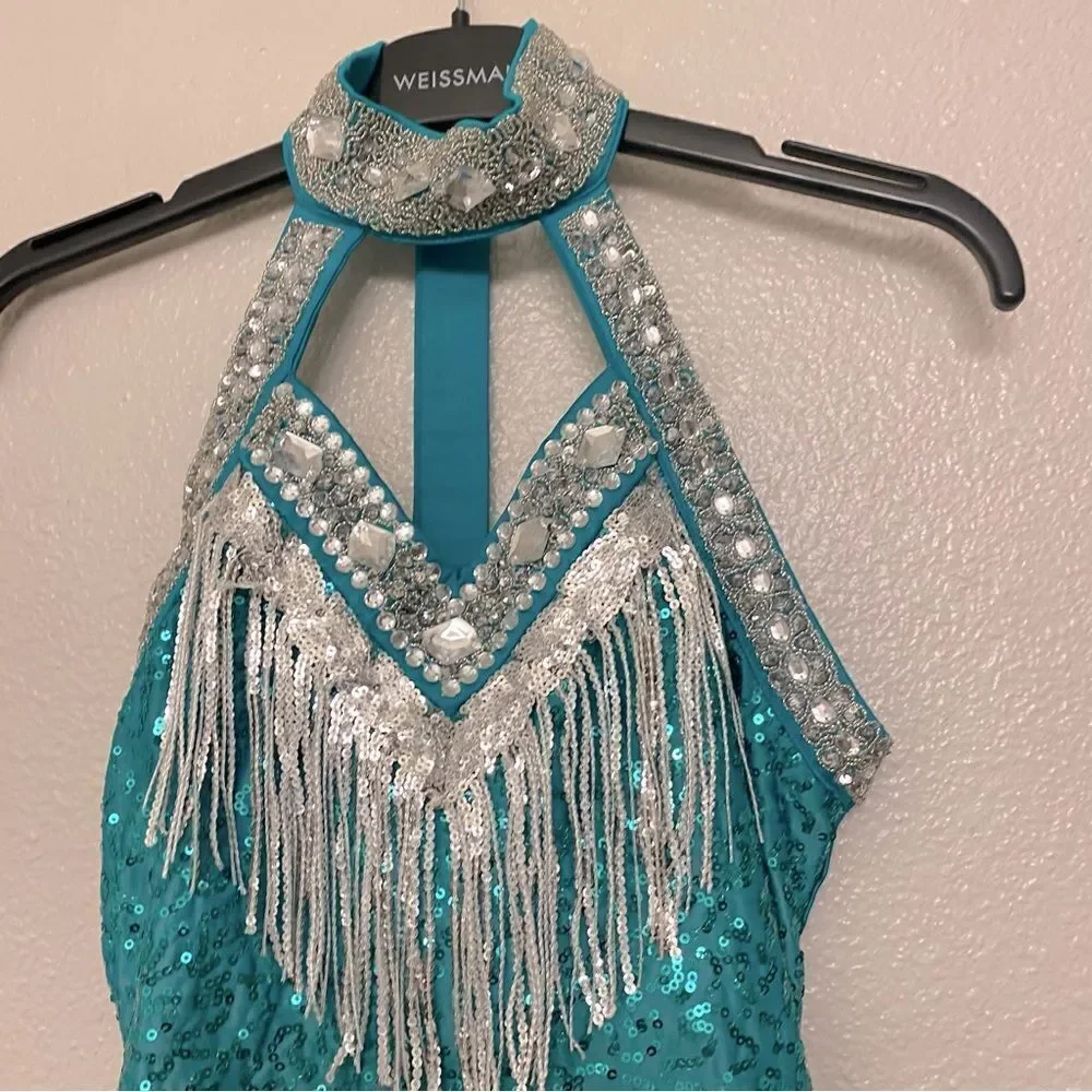 Glamour dance costume teal silver fringe contemporary Broadway embellished SA